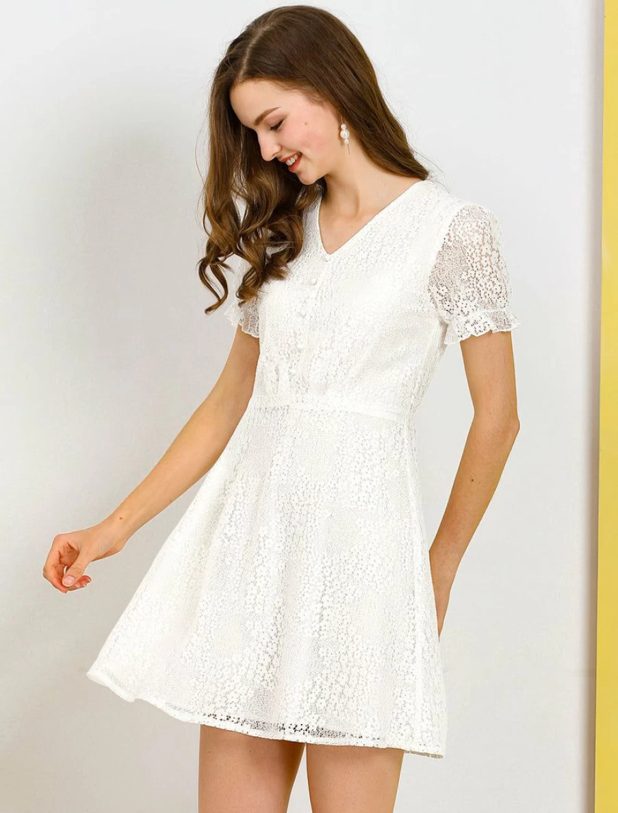 White Floral Lace V-Neck A-Line Cocktail Dress with Puff Sleeves for Women