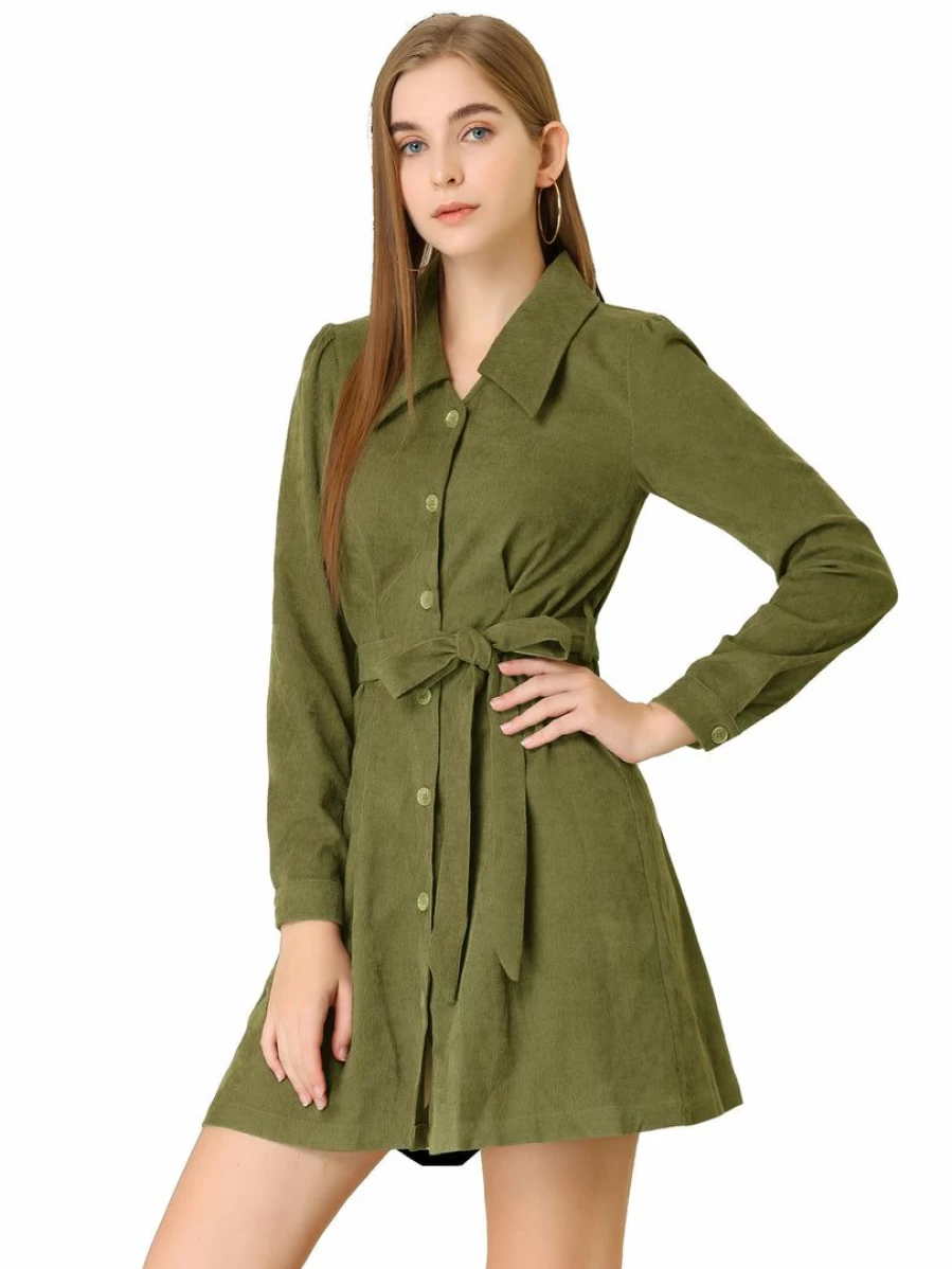 Vintage Army Green Corduroy A-Line Shirt Dress for Women with Tie Waist and Button Front