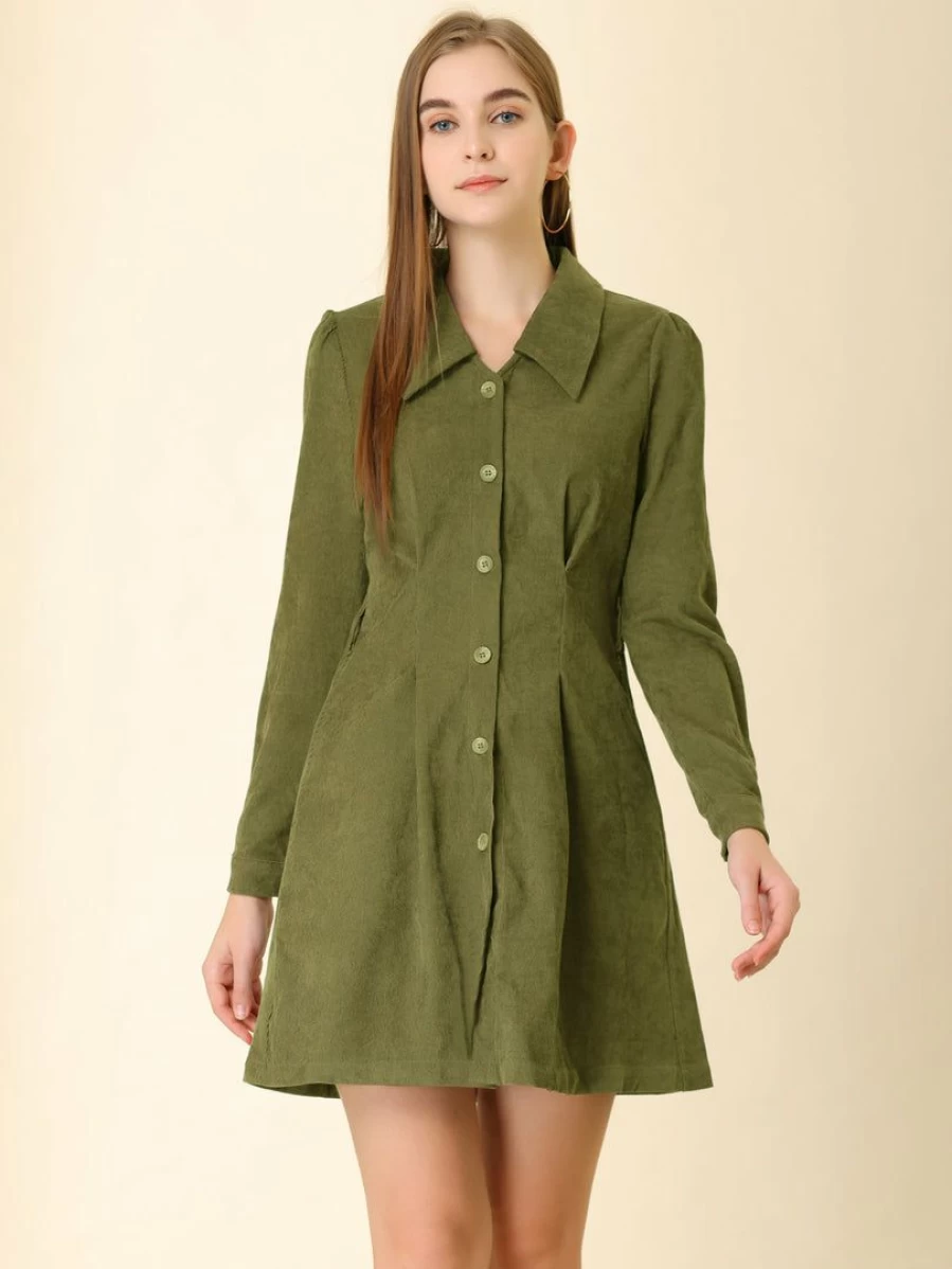 Vintage Army Green Corduroy A-Line Shirt Dress for Women with Tie Waist and Button Front
