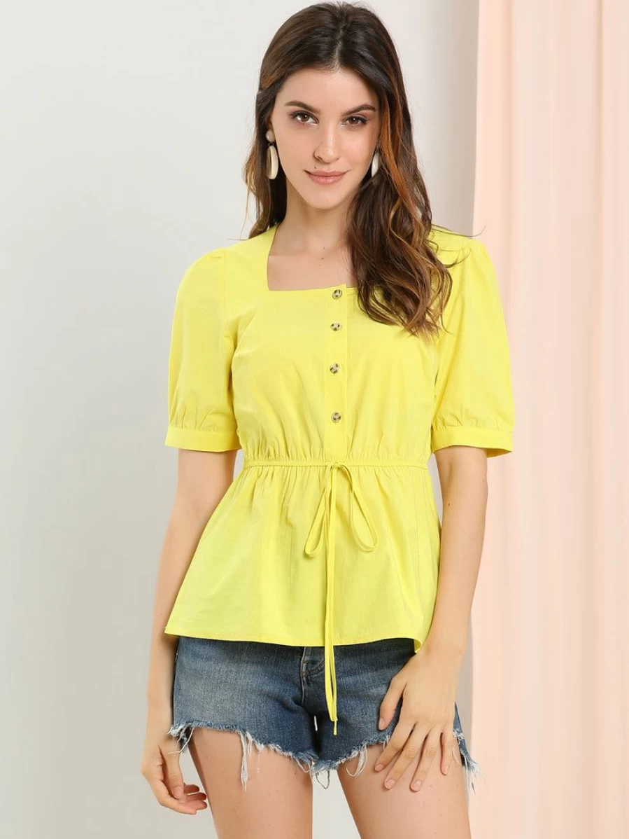 Allegra K Women's Yellow Square Neck Short Sleeve Elastic Waist Blouse Top