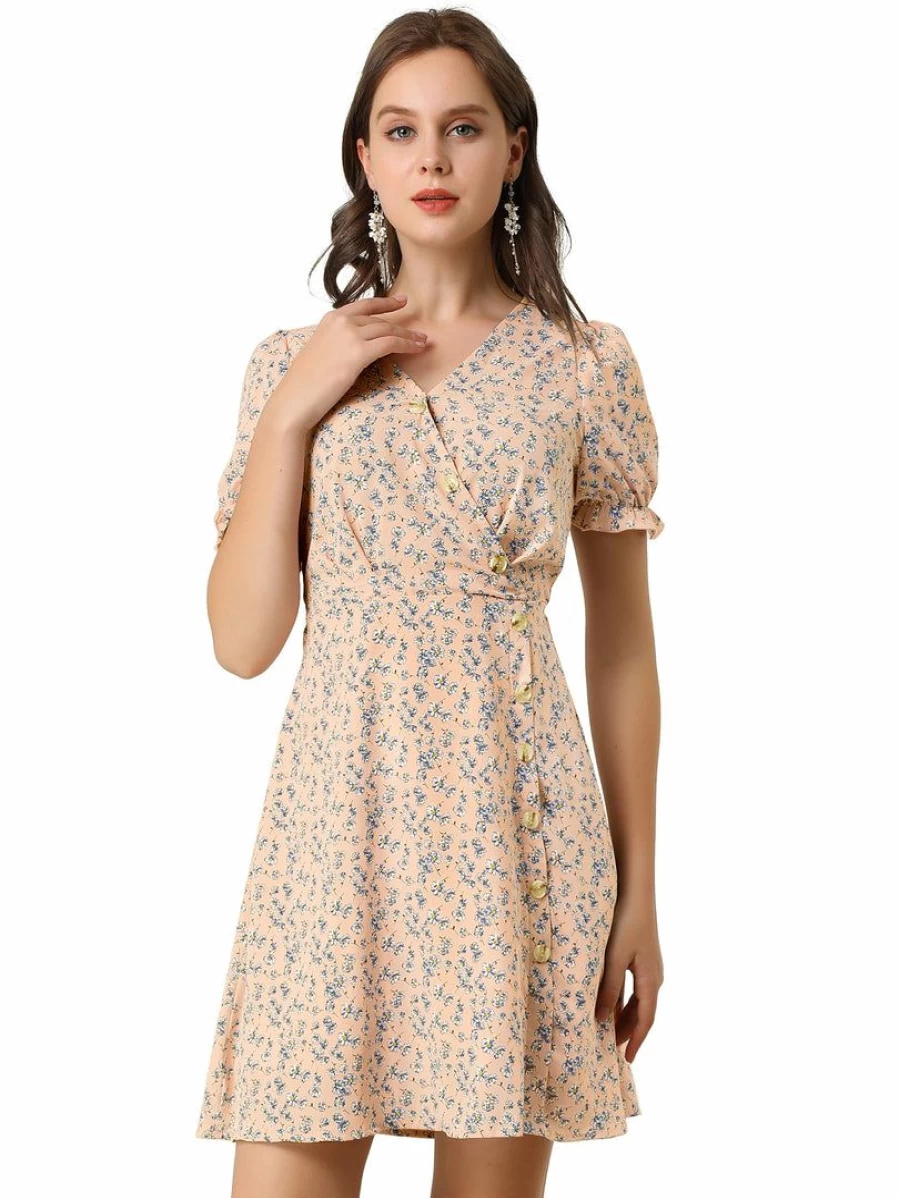 Allegra K Women's Pink Floral Fit and Flare Dress with Puff Sleeves and V-Neck Button Detail