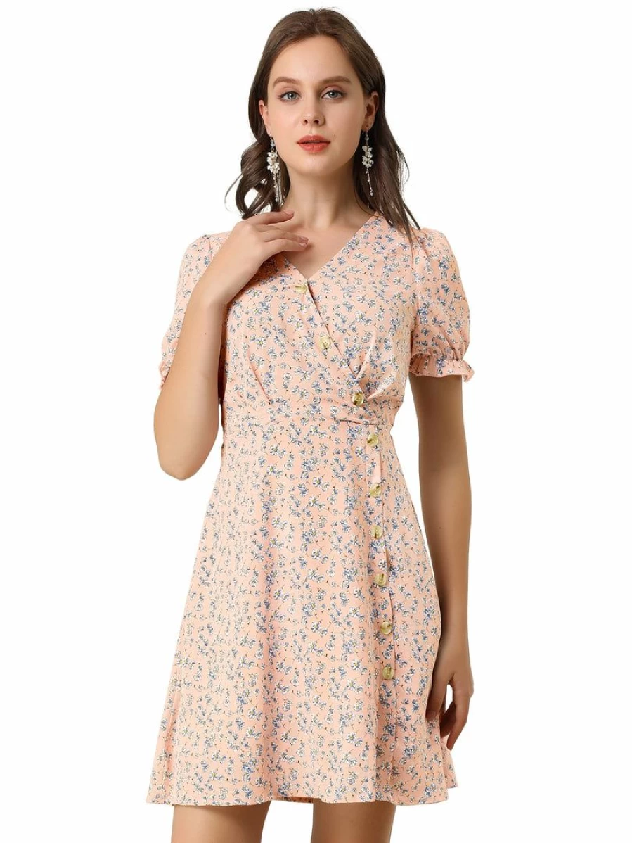 Allegra K Women's Pink Floral Fit and Flare Dress with Puff Sleeves and V-Neck Button Detail