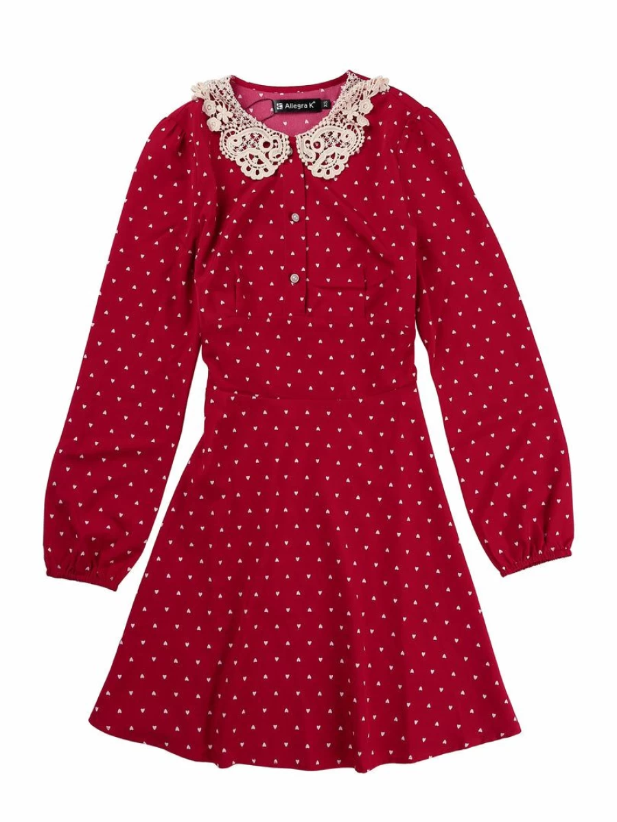 Burgundy Heart Print Peter Pan Collar Long Sleeve Mini Dress for Women Valentine's Day