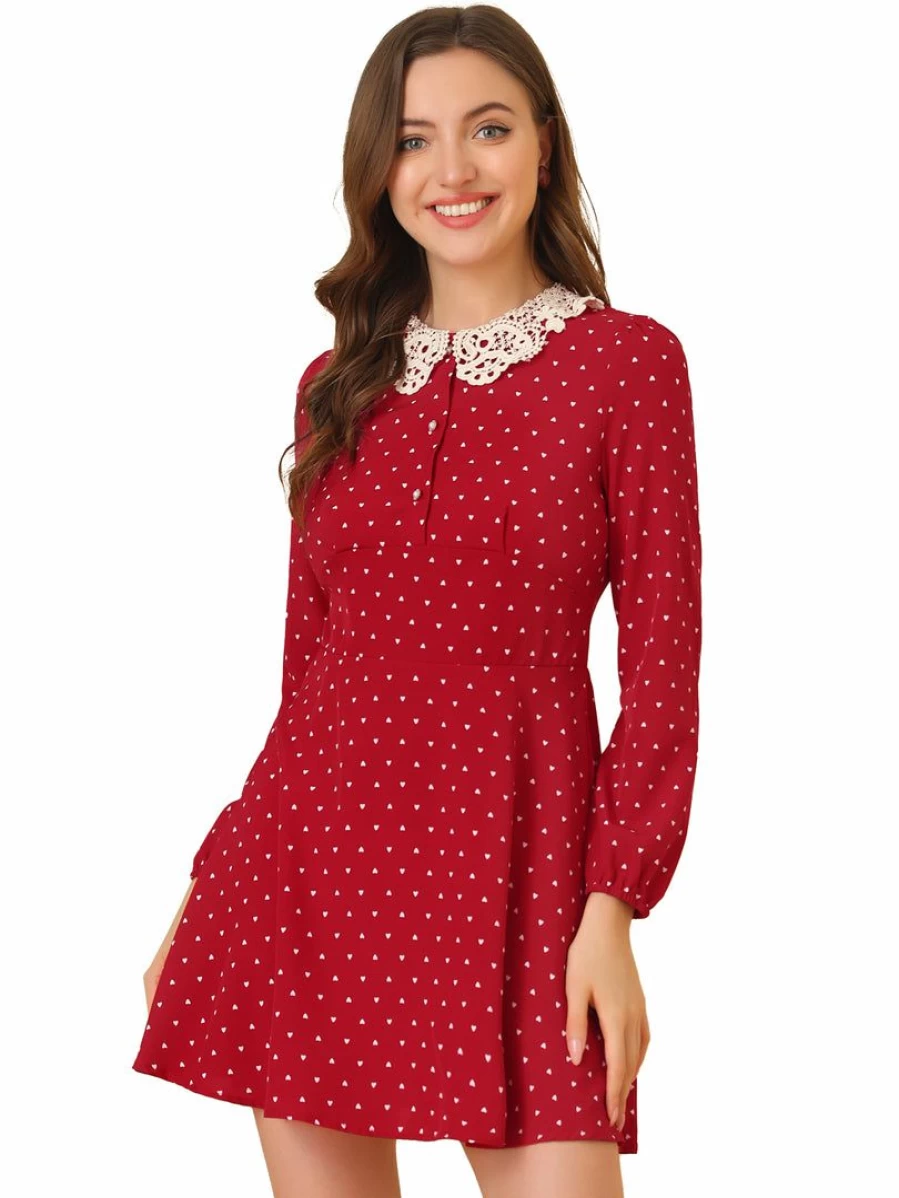 Burgundy Heart Print Peter Pan Collar Long Sleeve Mini Dress for Women Valentine's Day