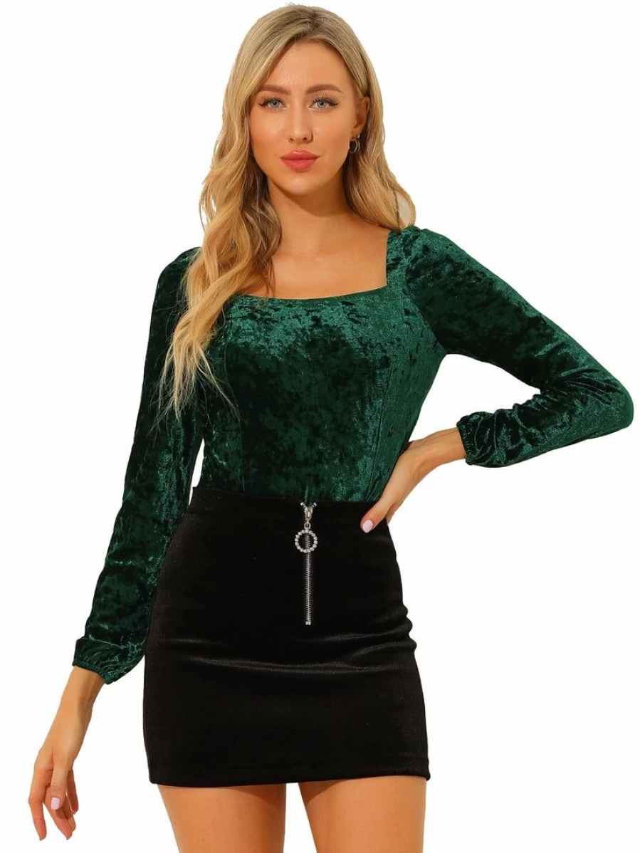Women's Velvet Long Sleeve Square Neck Blouse - Elegant Soft Stretch Top for Fall & Winter