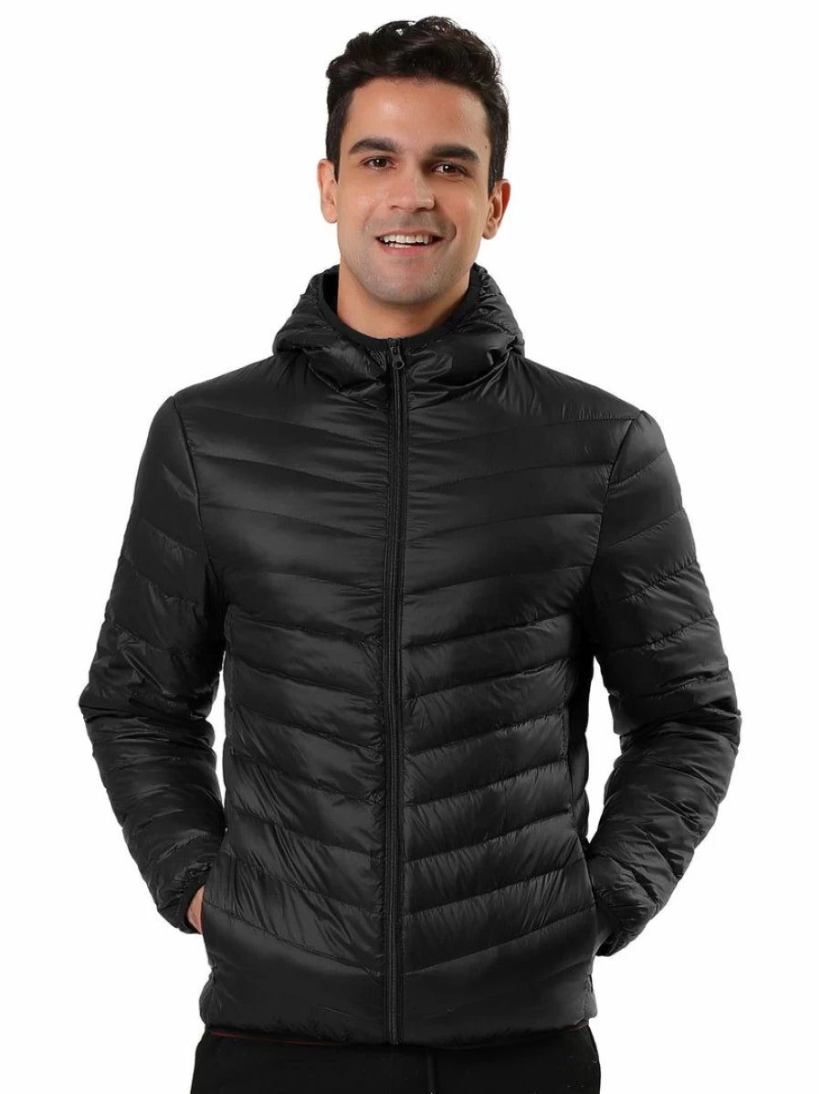 Men's Lightweight Solid Color Hooded Puffer Jacket - Winter Down Coat with Full Zip