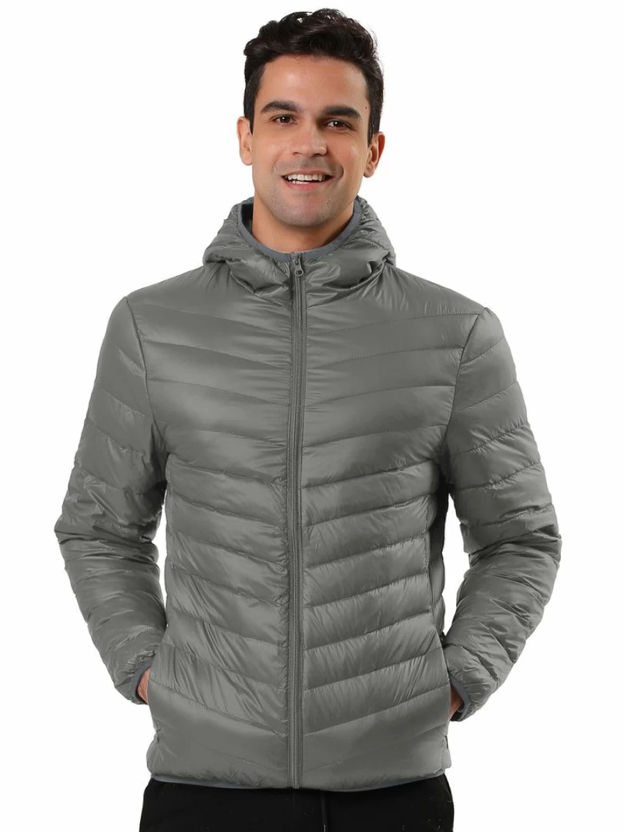 Men's Lightweight Solid Color Hooded Puffer Jacket - Winter Down Coat with Full Zip
