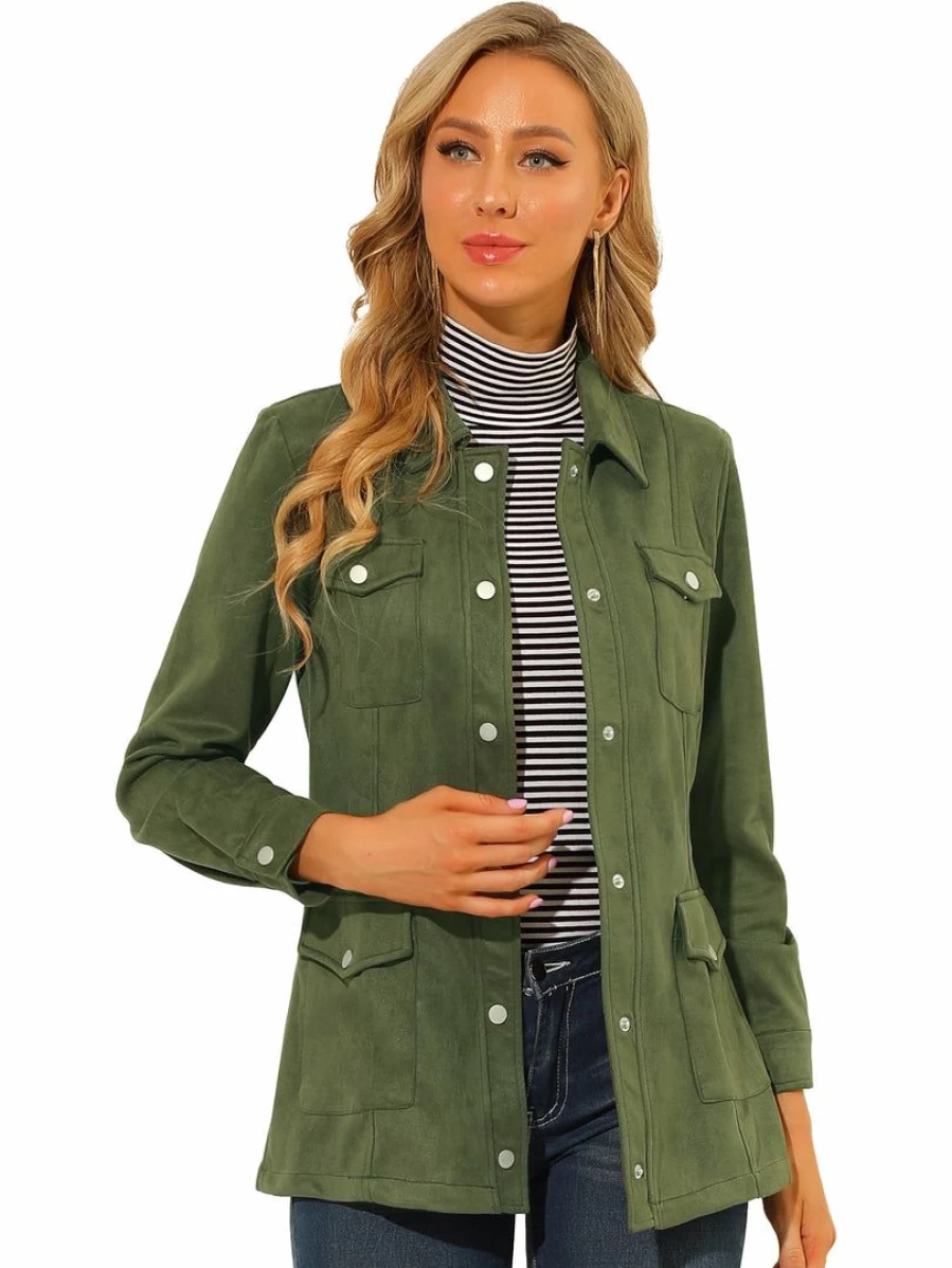 Allegra K Women's Olive Green Faux Suede Moto Jacket with Turn-Down Collar & Button Front