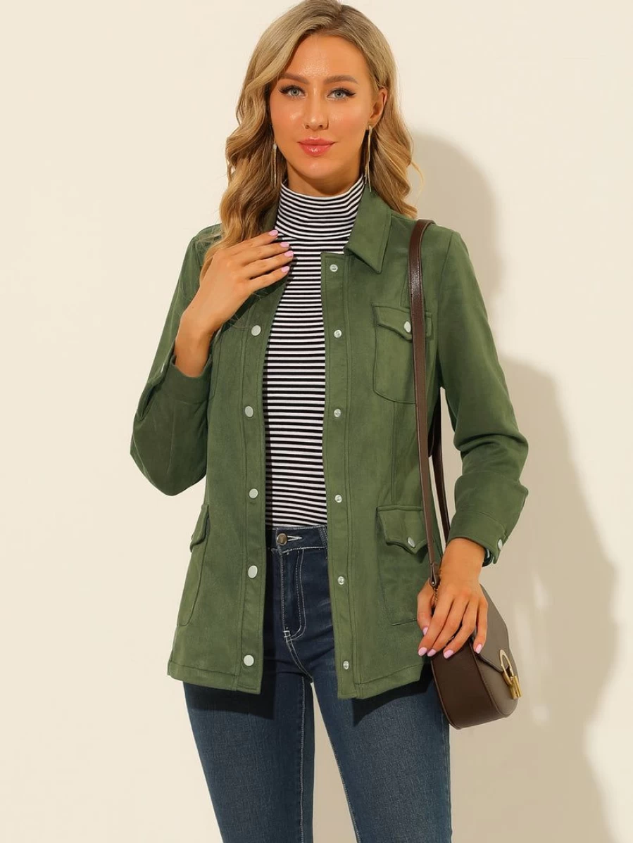 Allegra K Women's Olive Green Faux Suede Moto Jacket with Turn-Down Collar & Button Front