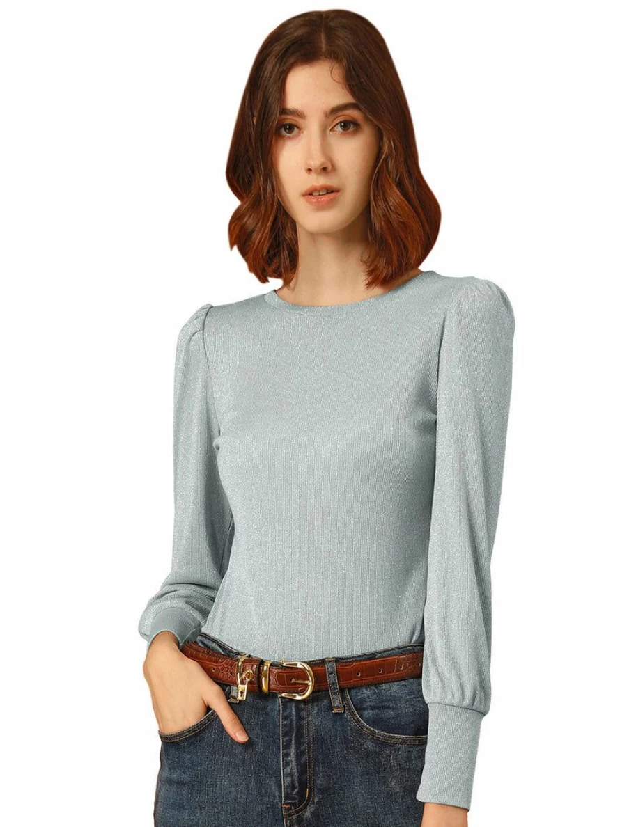 Pastel Blue Metallic Sparkle Glitter Top for Women - Vintage Knit Blouse with Crew Neck and Puff Long Sleeves