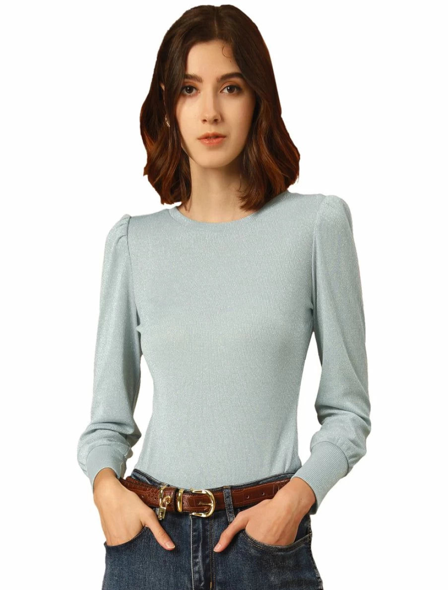 Pastel Blue Metallic Sparkle Glitter Top for Women - Vintage Knit Blouse with Crew Neck and Puff Long Sleeves