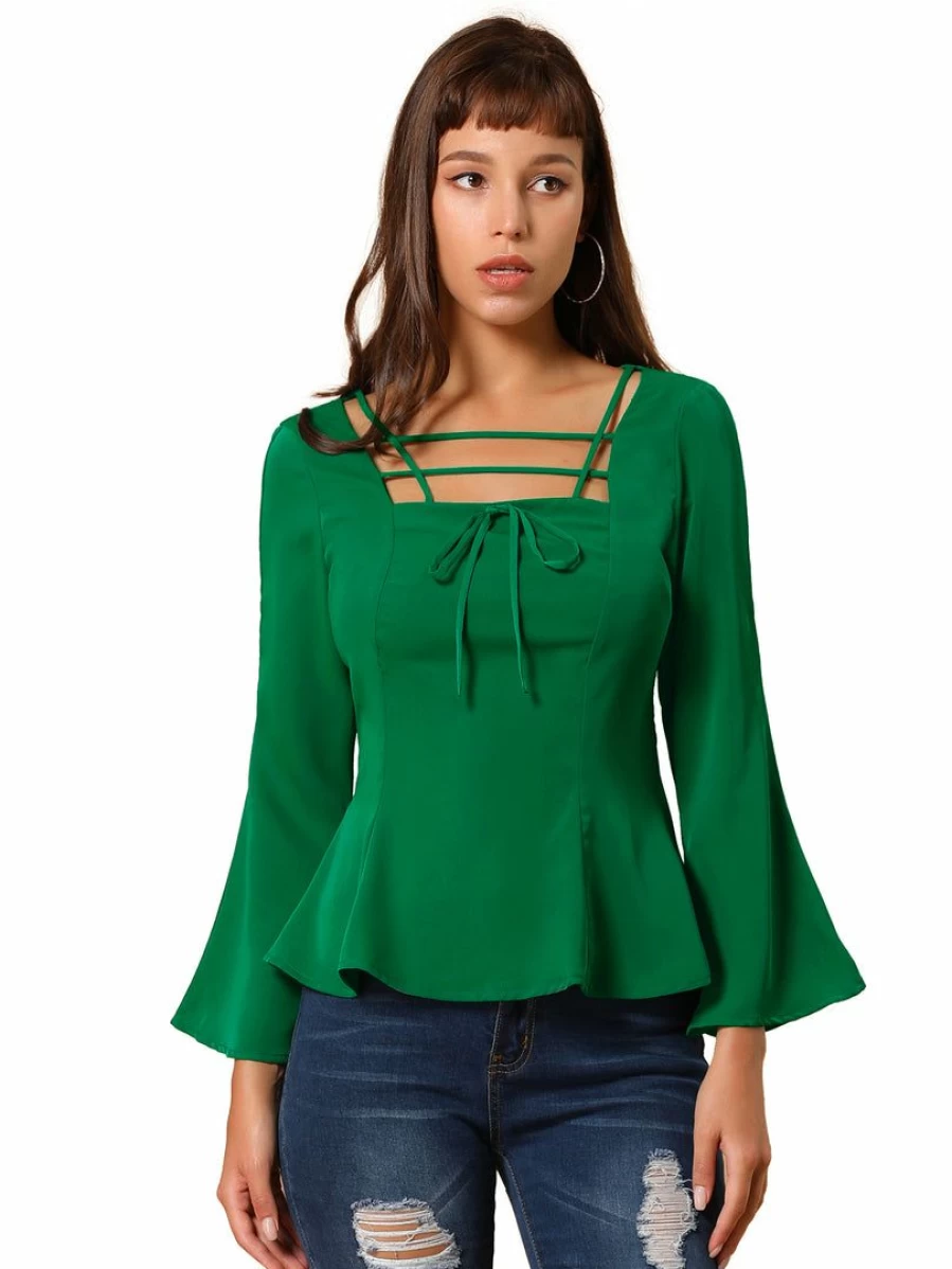 Allegra K Women's Green Square Neck Criss Cross Peplum Top with Bell Sleeves Chiffon Blouse