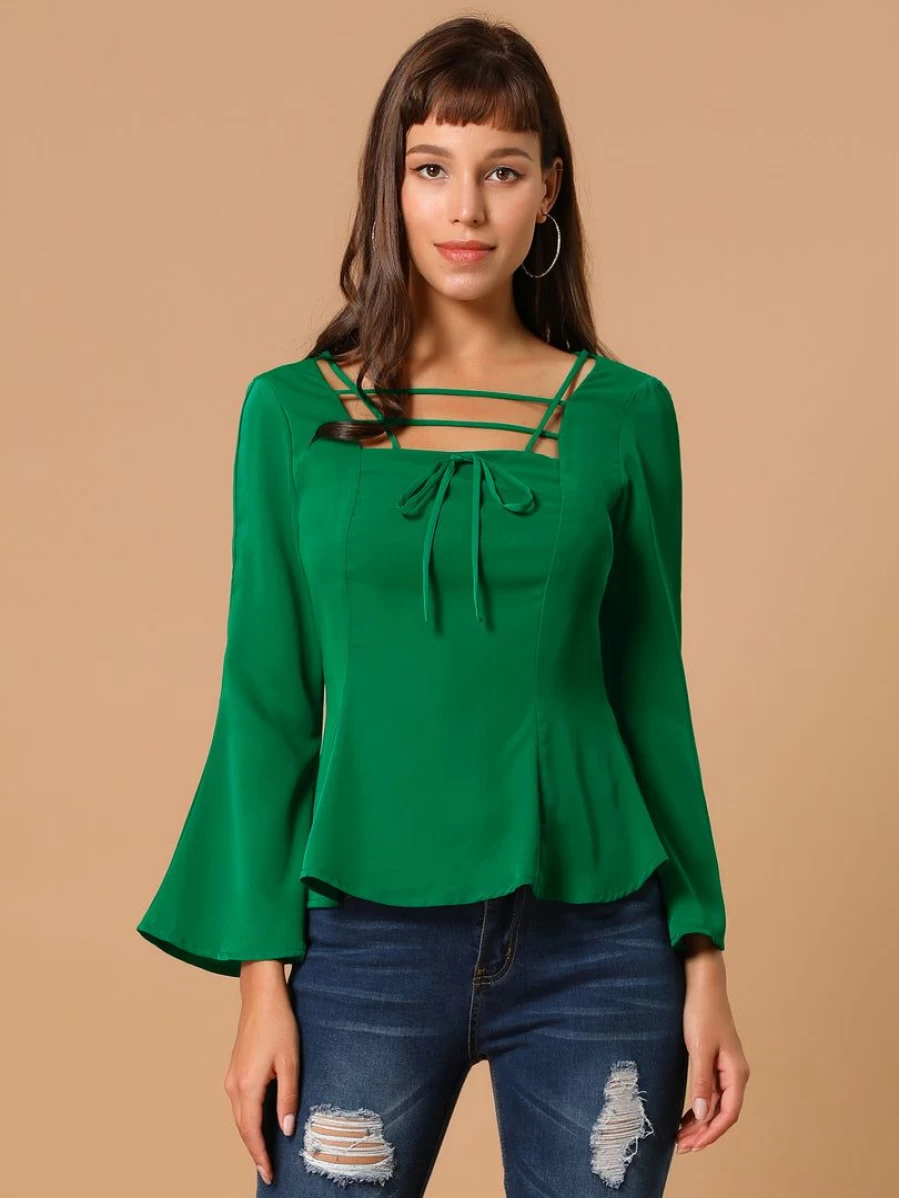 Allegra K Women's Green Square Neck Criss Cross Peplum Top with Bell Sleeves Chiffon Blouse