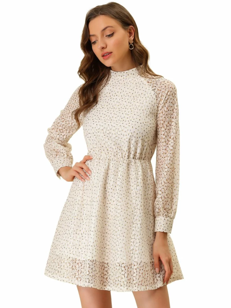 Beige Floral Lace Long Sleeve High Waist Flowy Dress with Stand Collar for Women