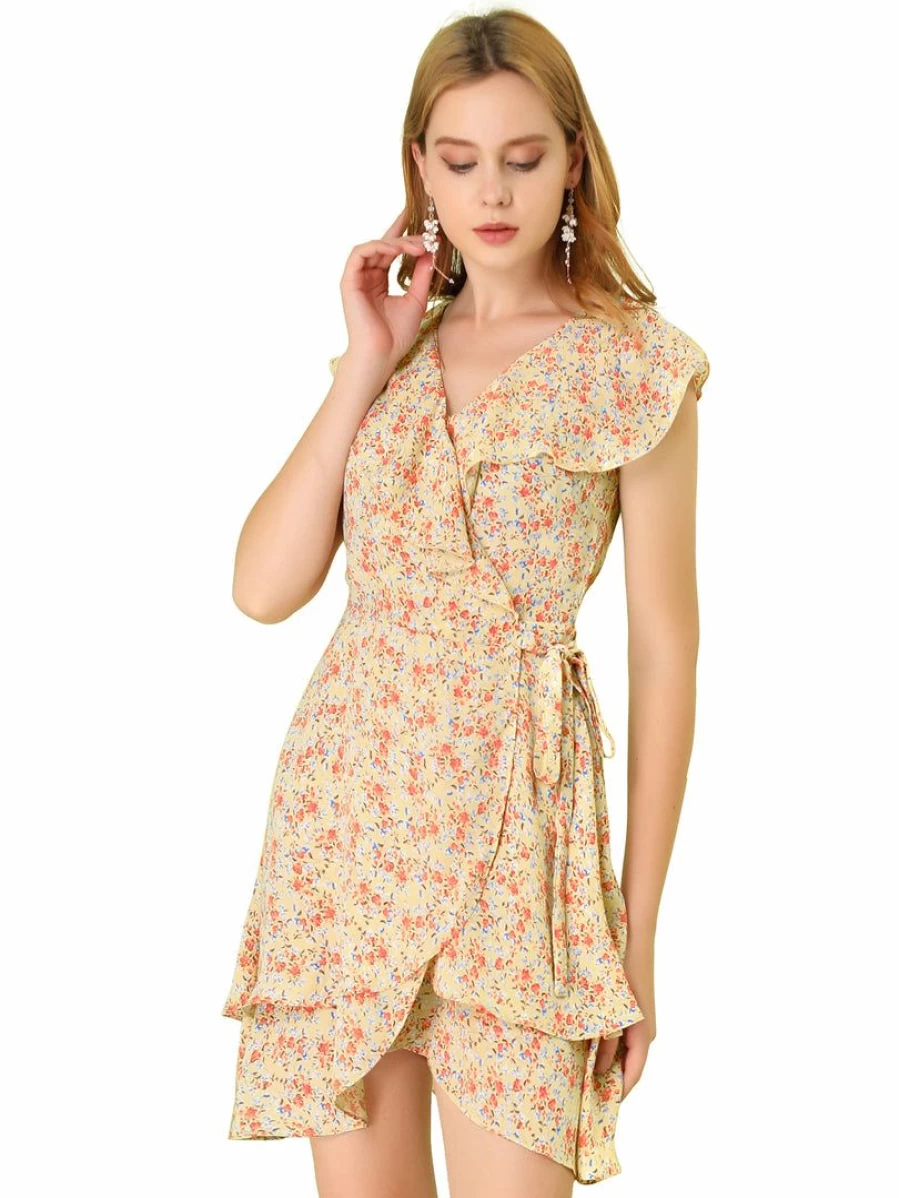 Yellow Floral Wrap Mini Dress for Women - Ruffled V-Neck Sleeveless Tulip Hem Summer Dress