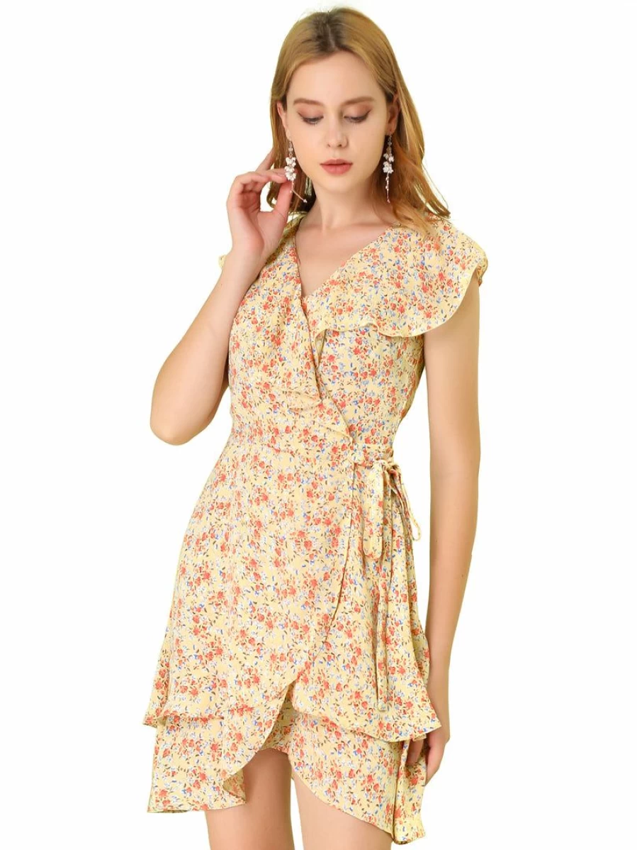 Yellow Floral Wrap Mini Dress for Women - Ruffled V-Neck Sleeveless Tulip Hem Summer Dress