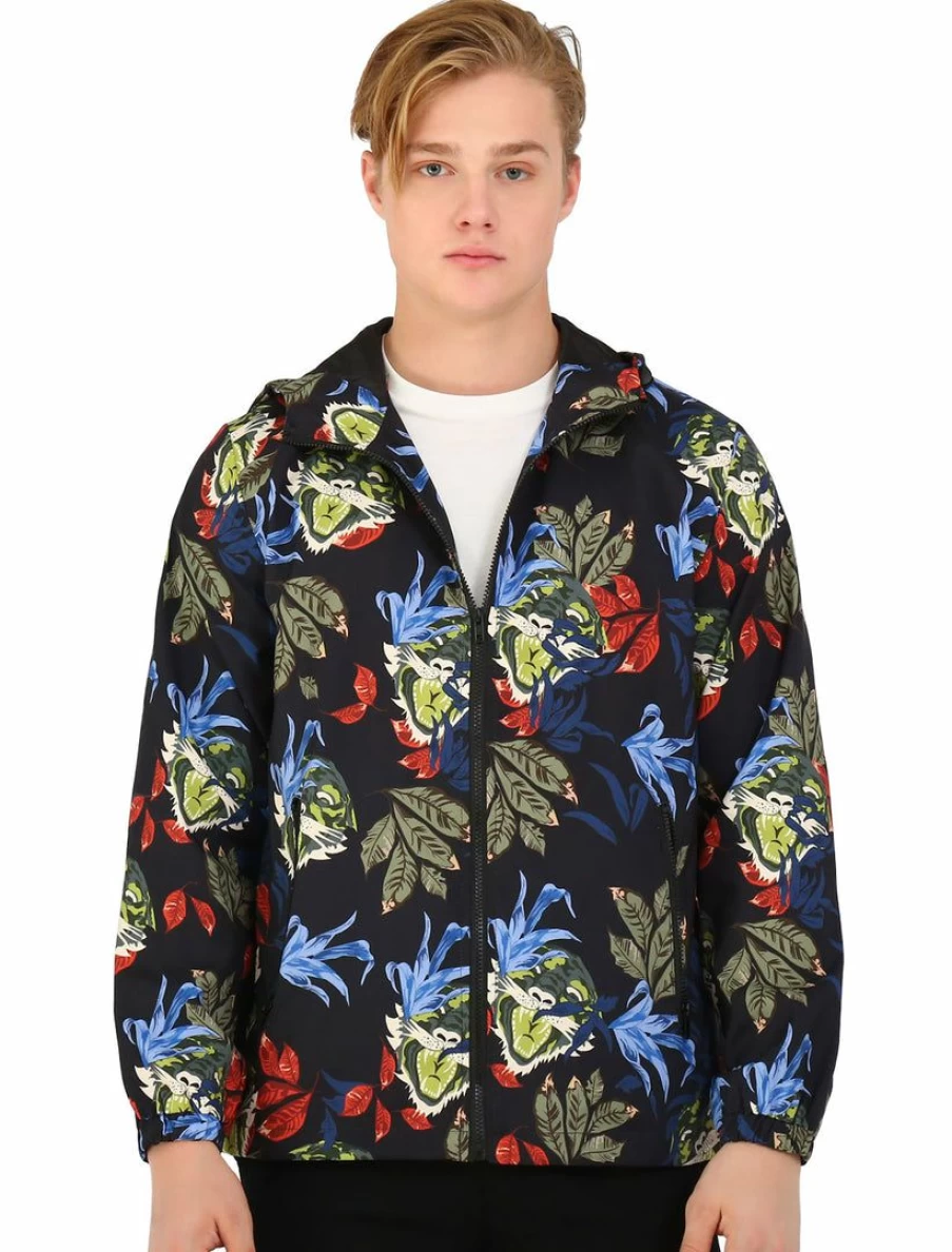 Men's Black Floral Print Lightweight Windbreaker Jacket - Zip Up Athletic Outerwear