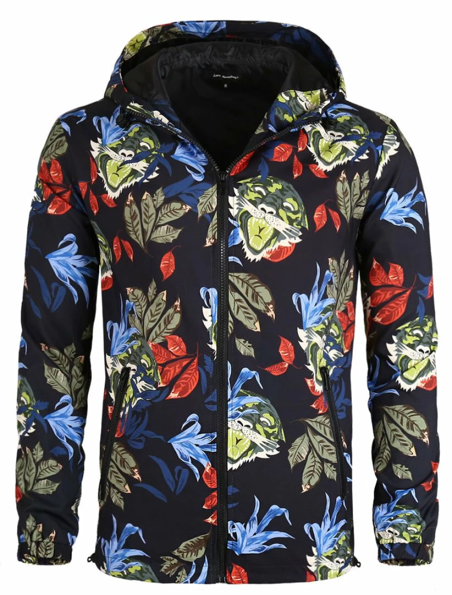 Men's Black Floral Print Lightweight Windbreaker Jacket - Zip Up Athletic Outerwear