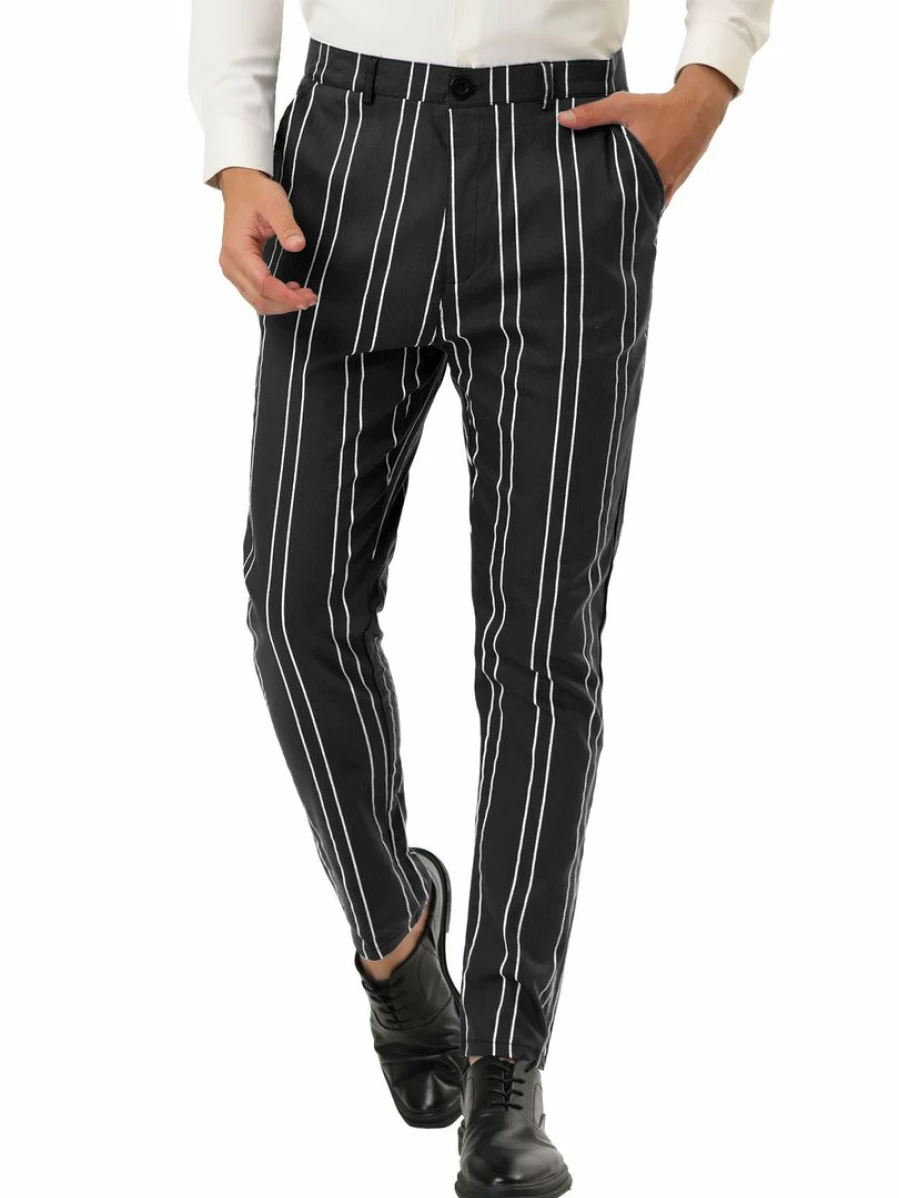 Men's Slim Fit Striped Dress Pants for Business & Prom - Flat Front Pencil Trousers