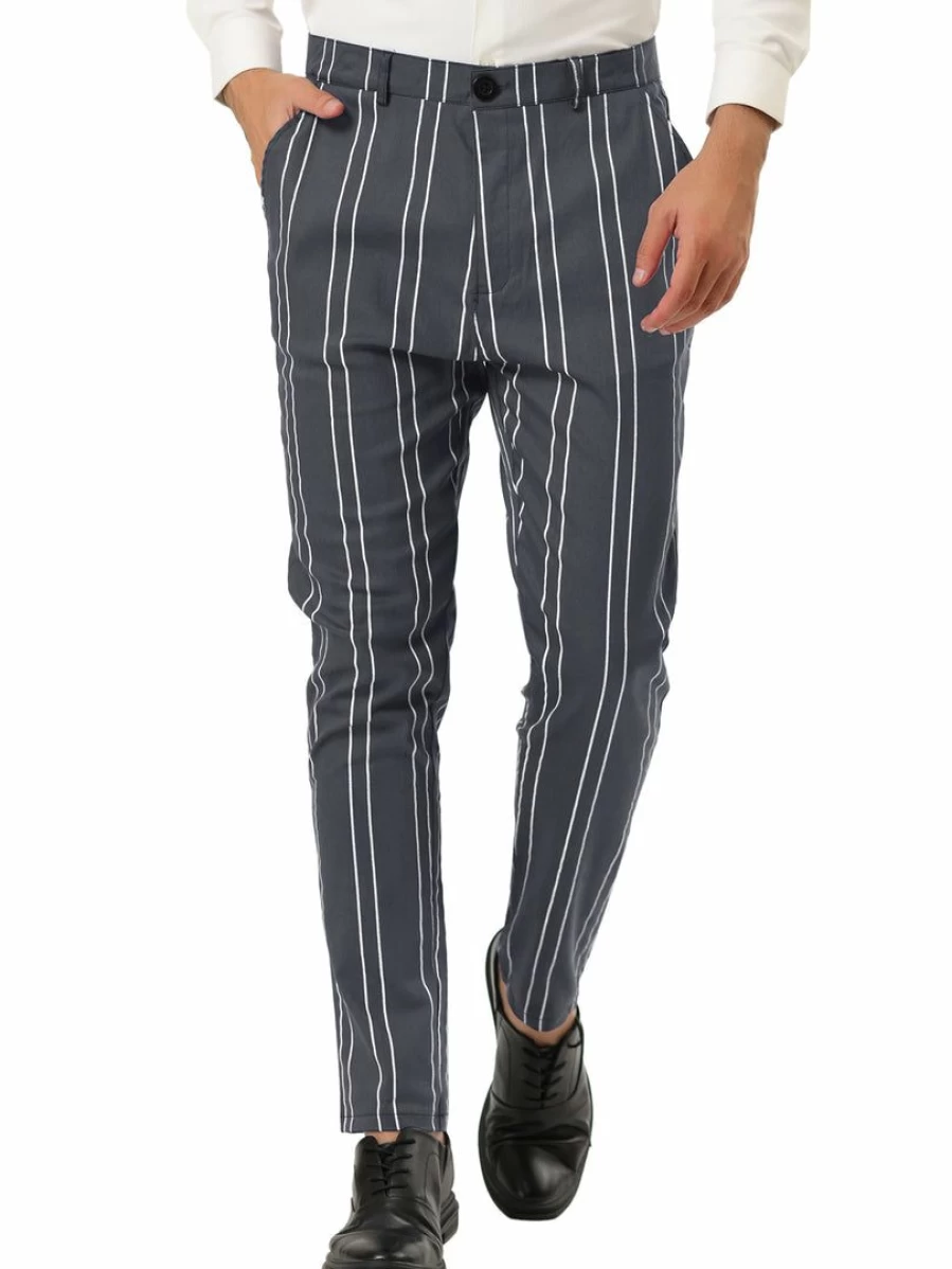 Men's Slim Fit Striped Dress Pants for Business & Prom - Flat Front Pencil Trousers