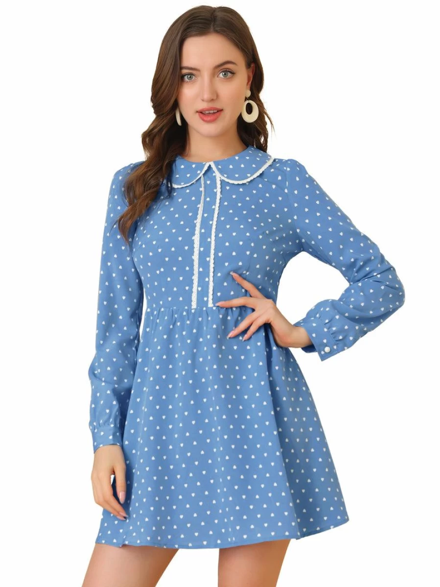Blue Floral Print Women's Long Sleeve Mini Dress with Lace Trim & Peter Pan Collar
