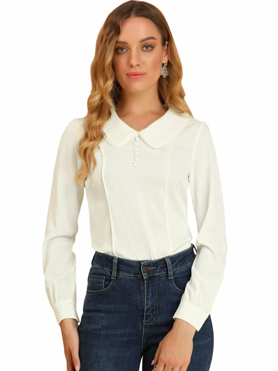 "Elegant Women's Chiffon Blouse with Peter Pan Collar and Crochet Trim for Office Wear"