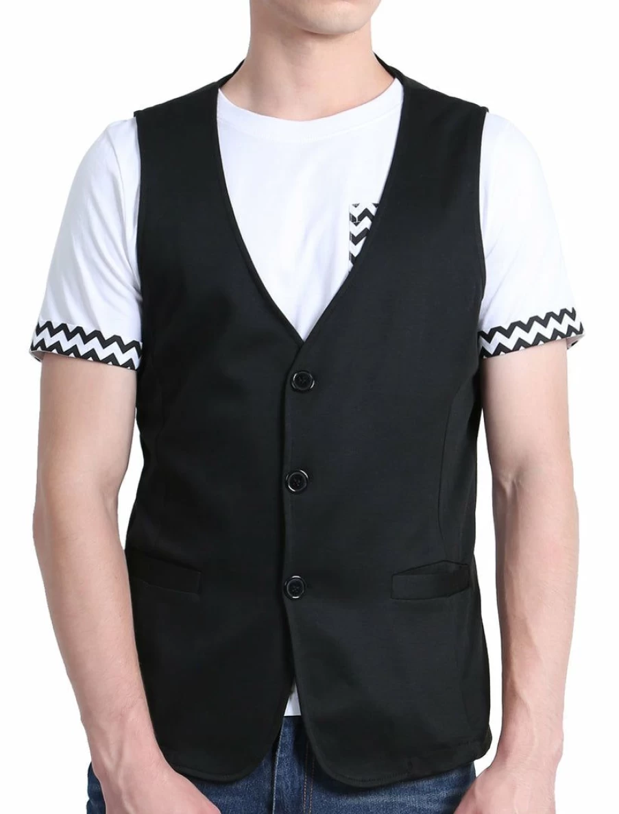 Men's Solid Color V-Neck Sleeveless Vest with Two Pockets - Button Down Casual Style
