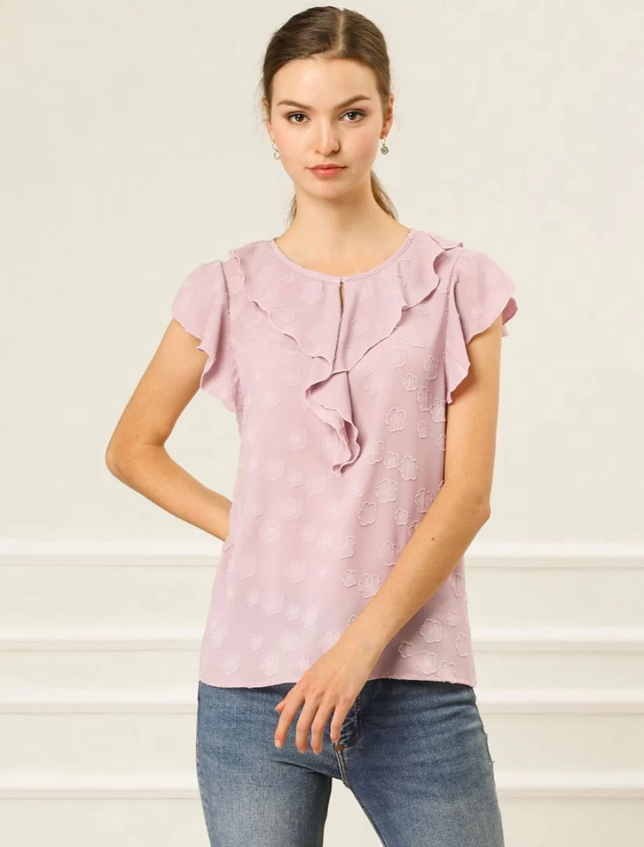 Vintage Floral Pink Blouse for Women with Elegant Ruffle Neck and Flutter Sleeves