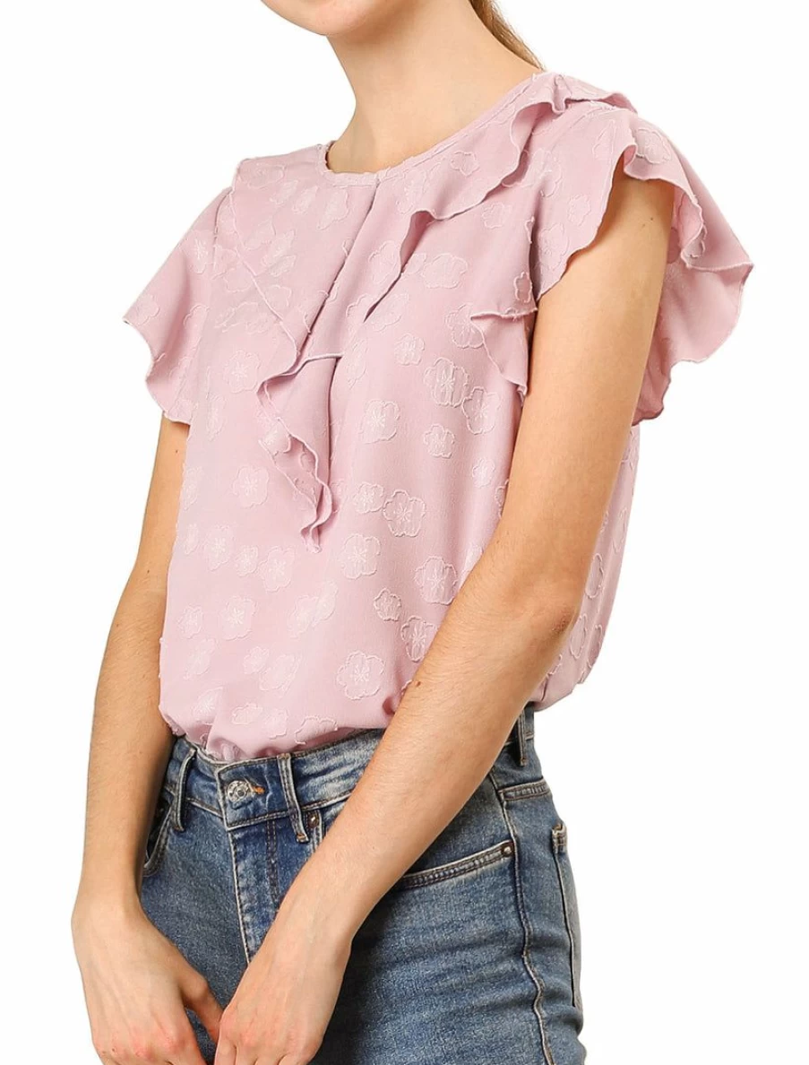 Vintage Floral Pink Blouse for Women with Elegant Ruffle Neck and Flutter Sleeves