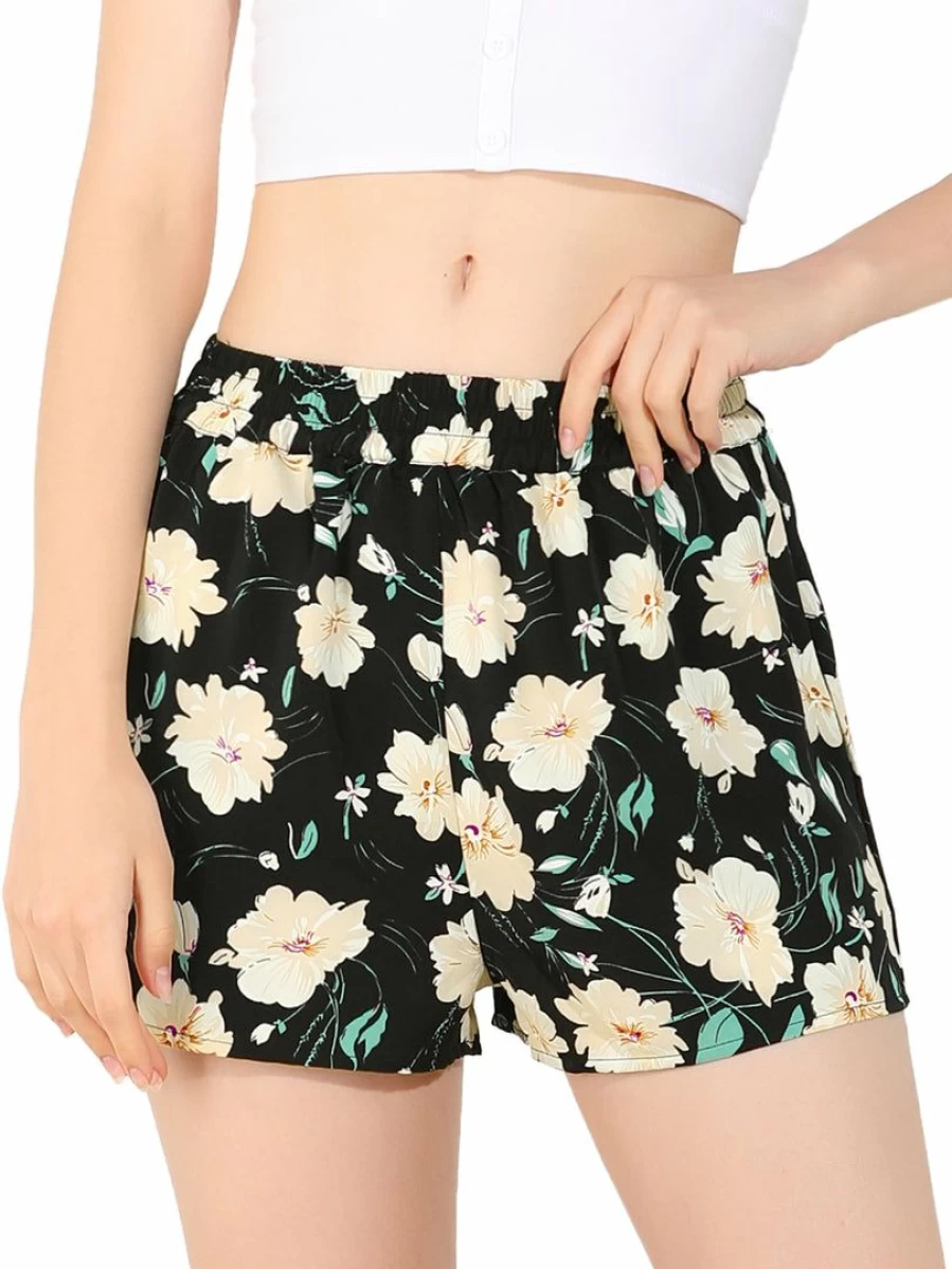 Allegra K Women's Black Floral Summer Beach Shorts with Elastic Waistband and Board Pockets