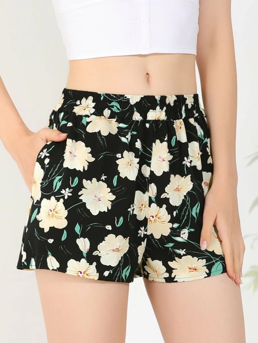 Allegra K Women's Black Floral Summer Beach Shorts with Elastic Waistband and Board Pockets