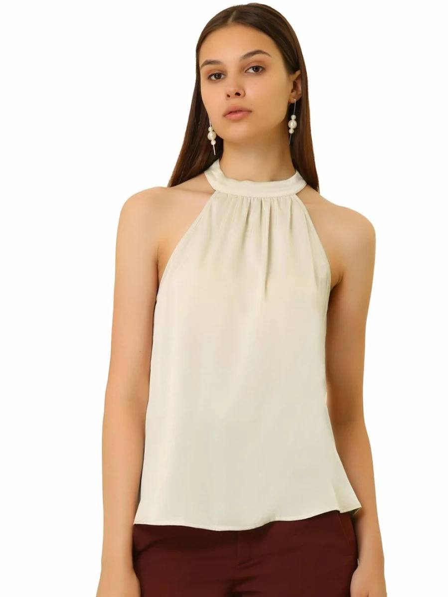 Beige Sleeveless Satin Halter Tank Top for Women with Keyhole Back