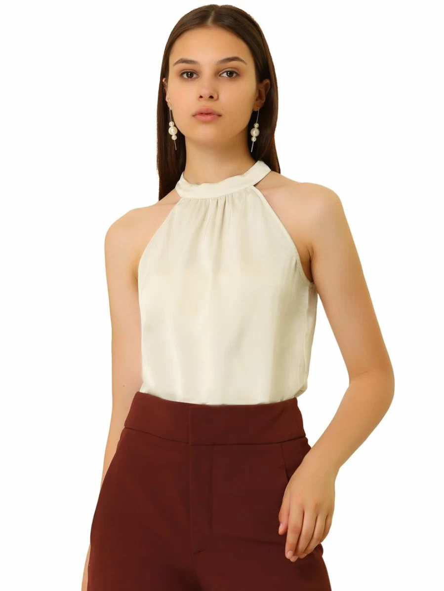Beige Sleeveless Satin Halter Tank Top for Women with Keyhole Back