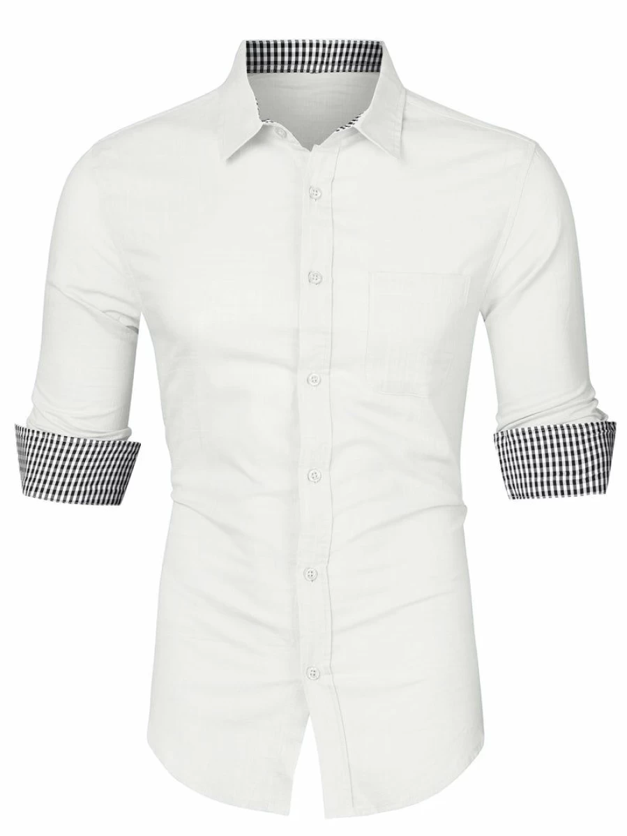 Men's Contrast Color Plaid Long Sleeve Dress Shirt for Office Wear