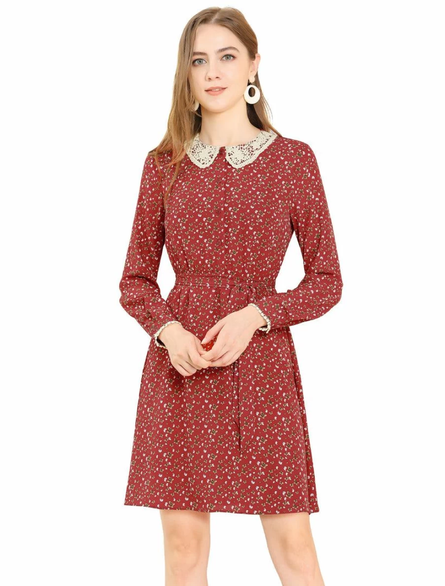 Women's Floral Peter Pan Collar Lace Trim Button Front Long Sleeve Shirt Dress with Belt