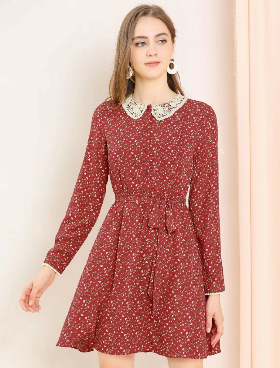 Women's Floral Peter Pan Collar Lace Trim Button Front Long Sleeve Shirt Dress with Belt
