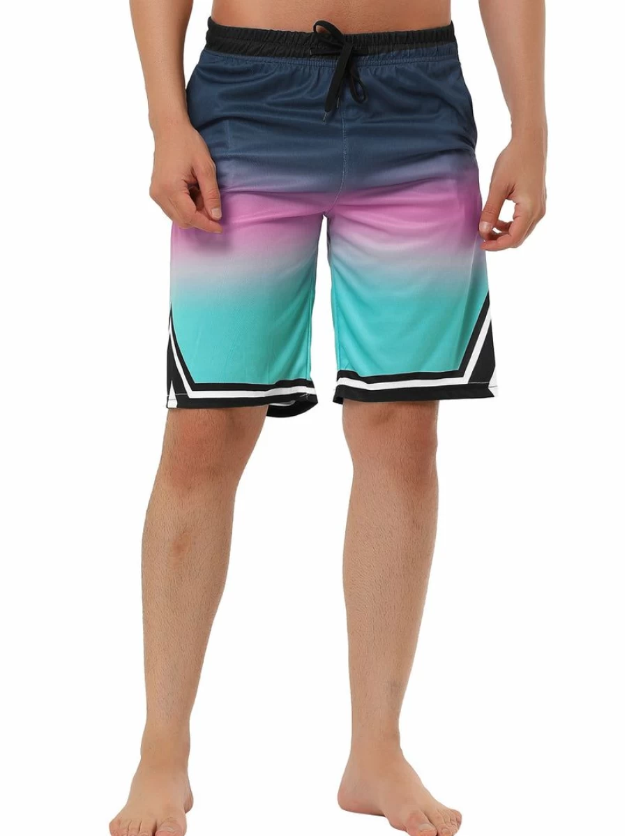 Men's Color Block Swim Shorts with Drawstring - Summer Printed Boardshorts for Beach & Pool