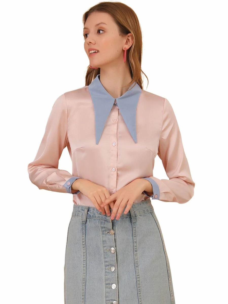 Allegra K Women's Pink Point Collar Long Sleeve Button-Down Shirt