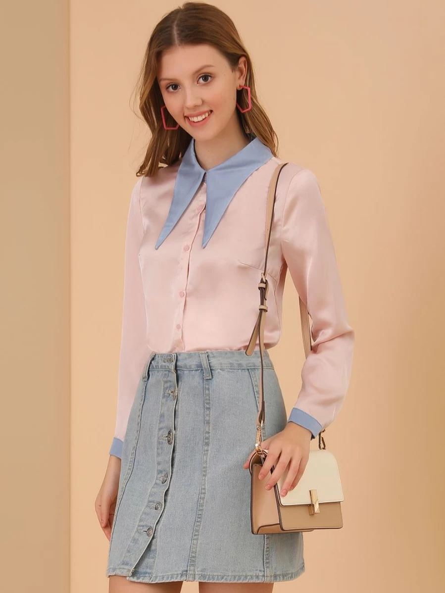 Allegra K Women's Pink Point Collar Long Sleeve Button-Down Shirt