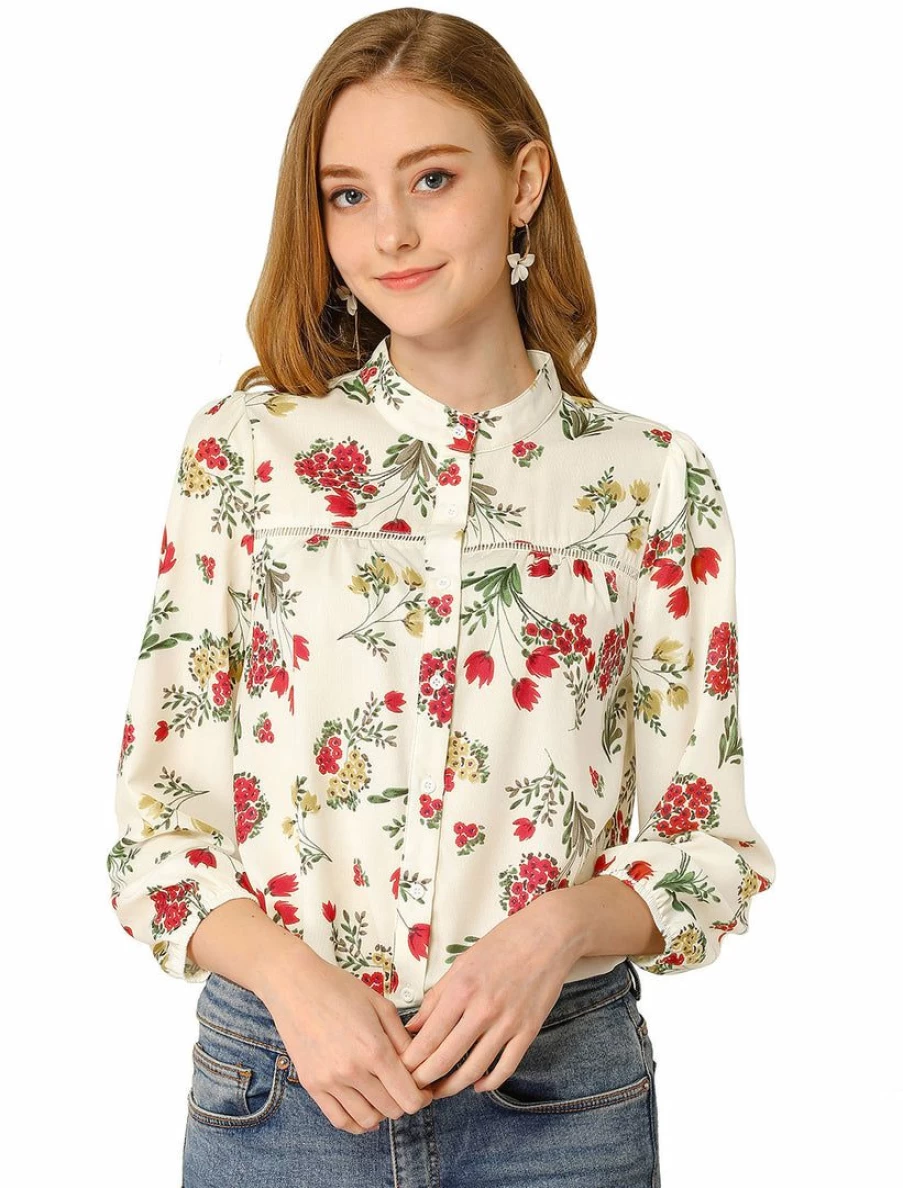 Women's Floral Print Button-Down Blouse with Bracelet Sleeves and Stand Collar