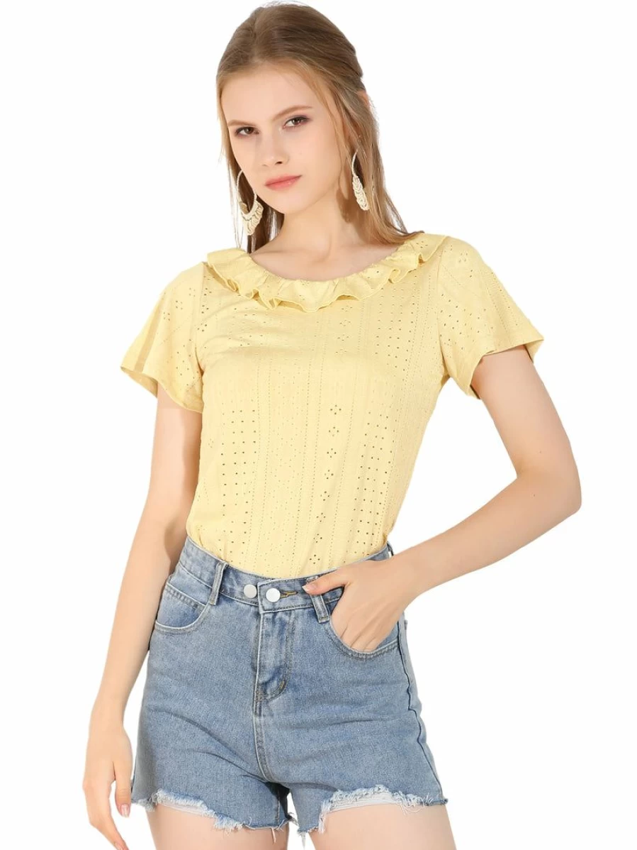 Allegra K Women's Yellow Ruffle Neck Short Sleeve Blouse Top T-Shirt