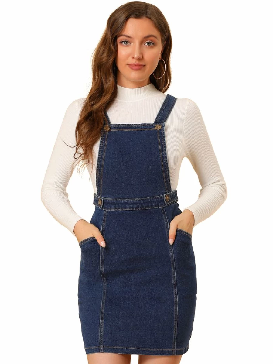 Allegra K Women's Dark Blue Denim Suspender Dress with Adjustable Straps and A-Line Fit