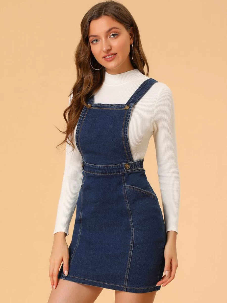 Allegra K Women's Dark Blue Denim Suspender Dress with Adjustable Straps and A-Line Fit