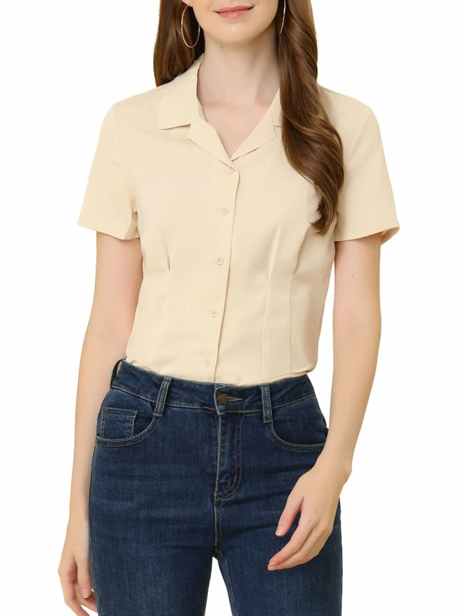 Women's Beige Lapel Collar Short Sleeve Button Down Shirt for Summer Work