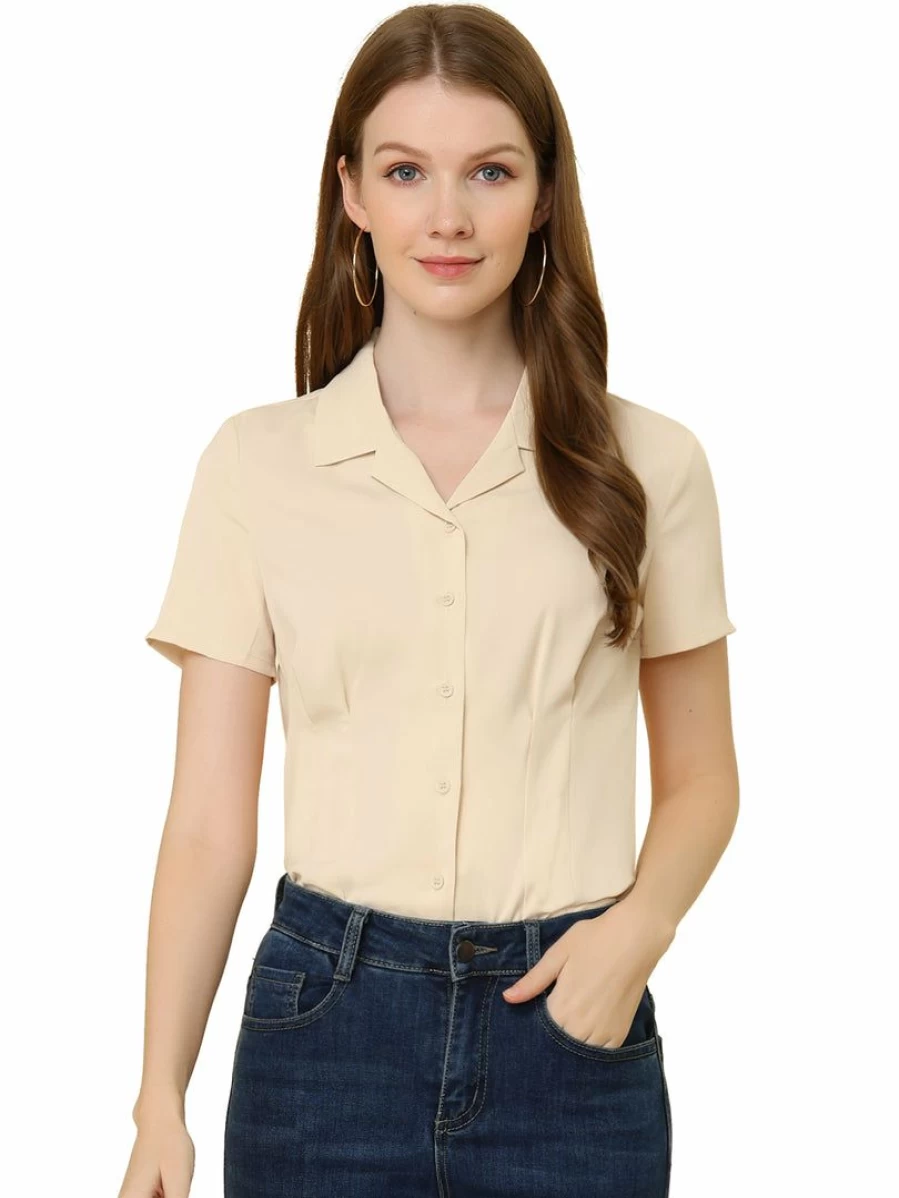 Women's Beige Lapel Collar Short Sleeve Button Down Shirt for Summer Work