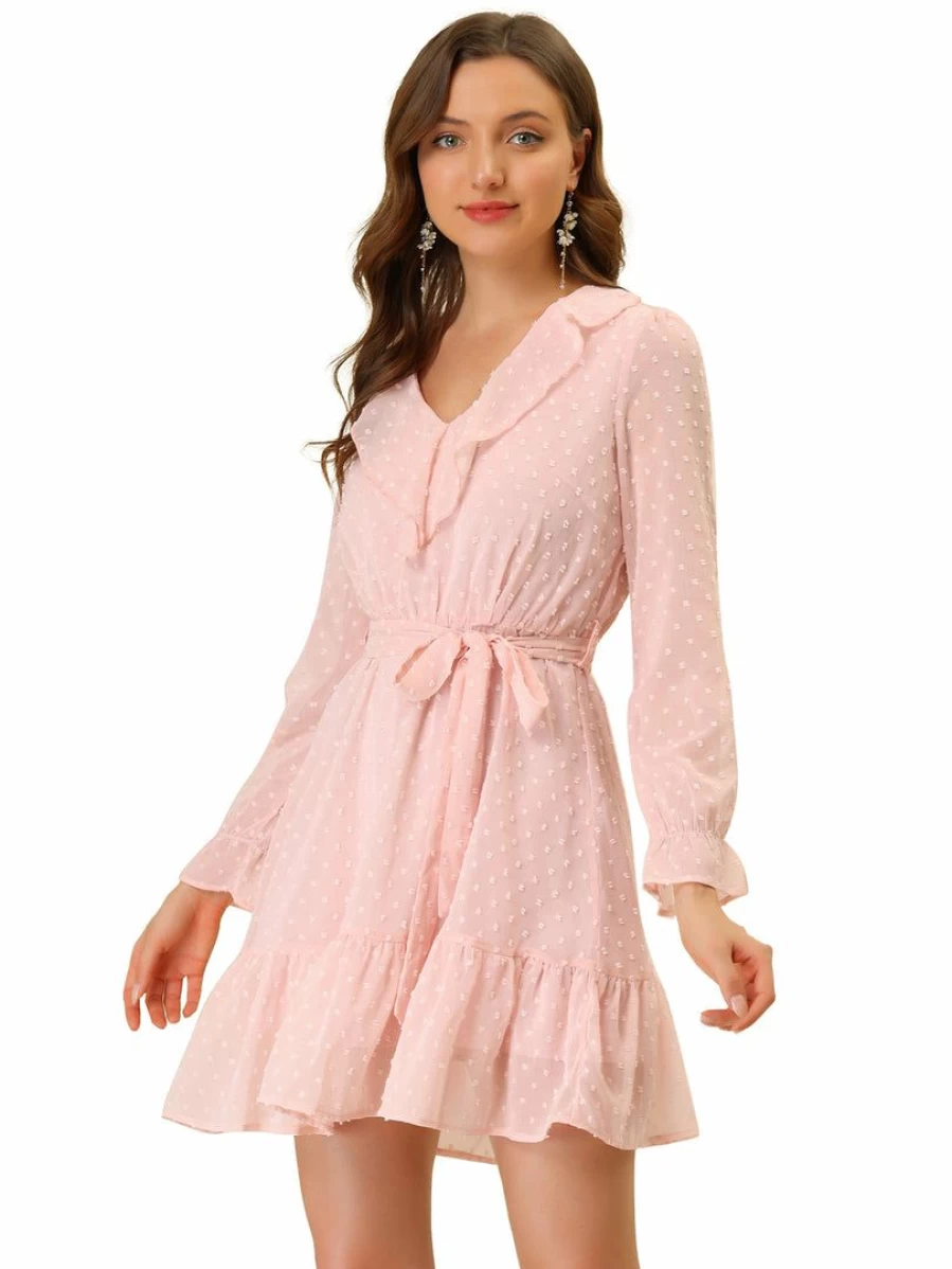Pink Swiss Dots Chiffon Ruffle Dress with Tie Waist for Women