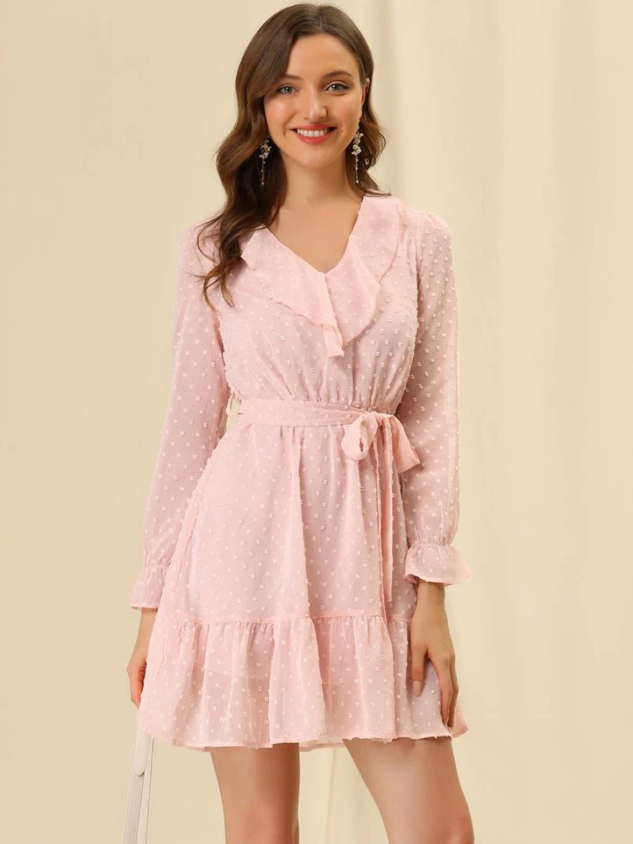 Pink Swiss Dots Chiffon Ruffle Dress with Tie Waist for Women