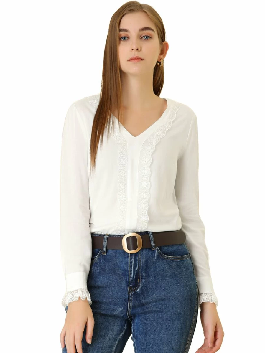 * Women's White Lace Panel V-Neck Sheer Long Sleeve Blouse