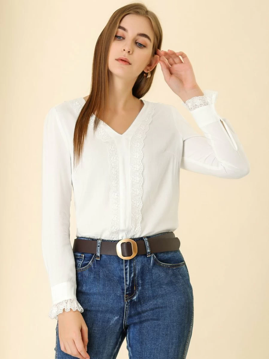 * Women's White Lace Panel V-Neck Sheer Long Sleeve Blouse
