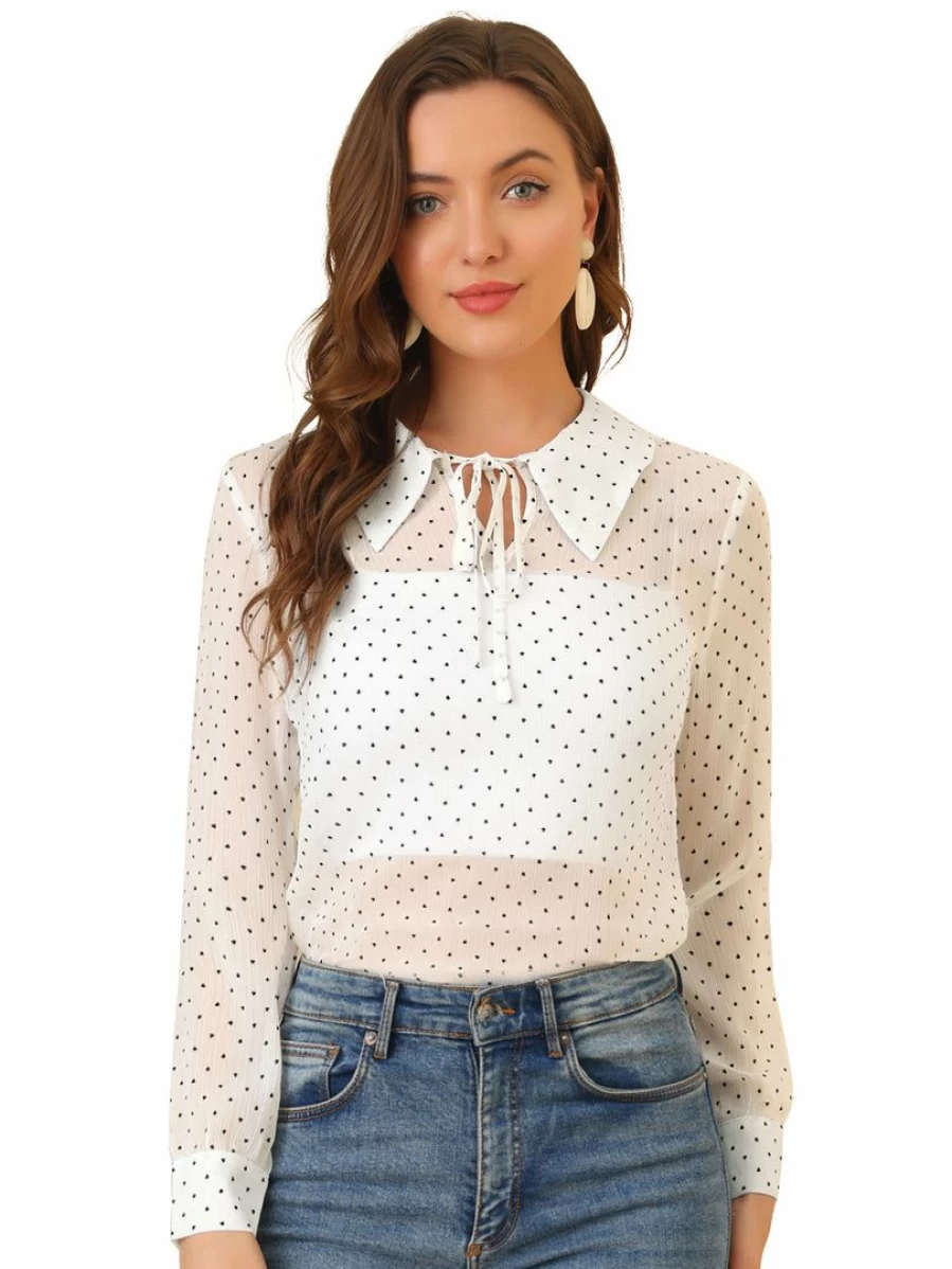 Allegra K Women's White Sheer Chiffon Blouse with Heart Dots and Turn Down Collar Long Sleeve Top